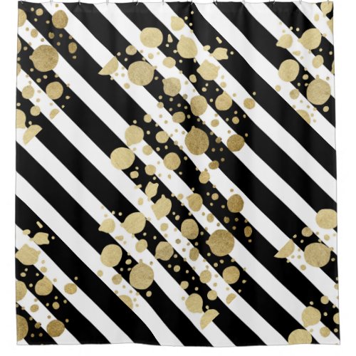Faux Gold Paint Splatter on Black  White Stripes Shower Curtain