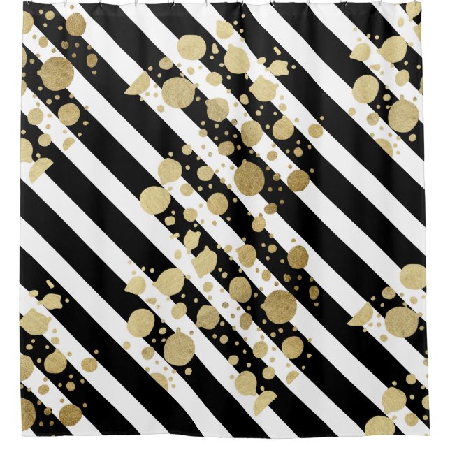Faux Gold Paint Splatter on Black & White Stripes Shower Curtain (Front)