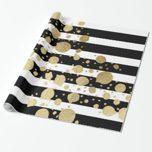 Faux Gold Paint Splatter on Black & White Stripes Wrapping Paper