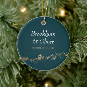 Faux Gold Painterly Mountains Names & Date Ceramic Ornament