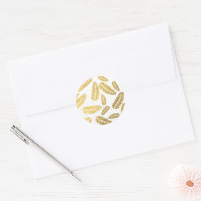 Faux Gold Palm Leaves Pattern Classic Round Sticker (Envelope)
