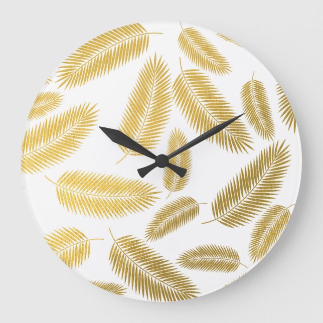 Faux Gold Palm Leaves Pattern Large Clock (Front)