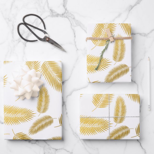 Faux Gold Palm Leaves Pattern Wrapping Paper Sheets (Front)