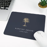 Faux Gold Palm Tree Logo Mouse Pad<br><div class="desc">Chic personalized mousepad for your business or home office features two lines of custom text in classic white lettering,  on a navy blue background adorned with a tropical palm tree illustration in faux gold foil.</div>