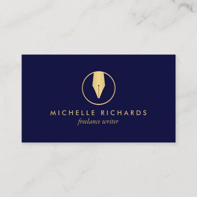 Faux Gold Pen Nib Logo on Dark Navy for Writers Business Card (Front)