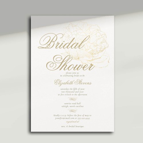 Faux Gold Peony Calligraphy Elegant Bridal Shower Invitation
