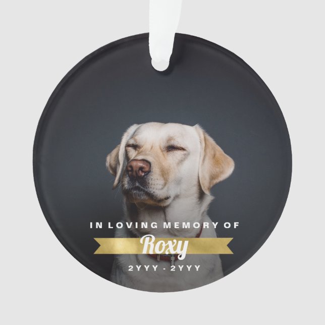 Faux Gold Pet Memorial Custom Photo Name and Years Ornament (Front)