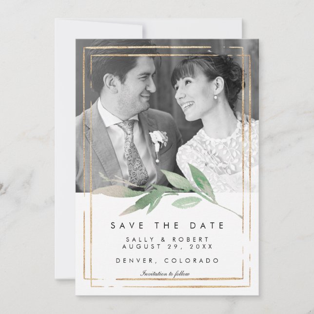 faux gold photo wedding save the date card (Front)