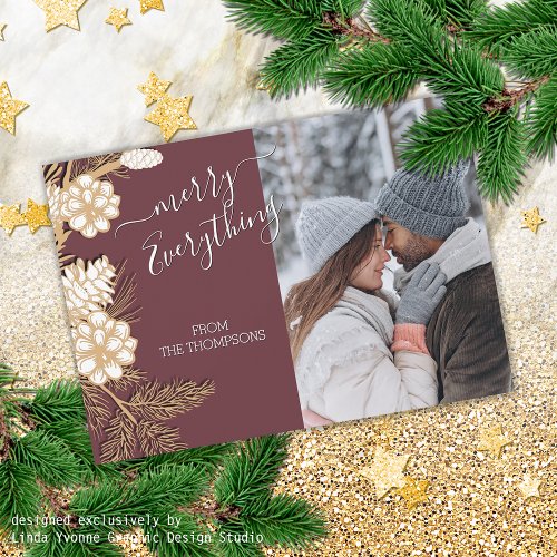Faux Gold Pine Cones Needles On Mauve Pink Holiday Card