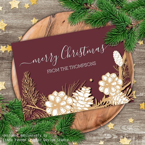 Faux Gold Pine Cones Needles On Mauve Pink Holiday Card