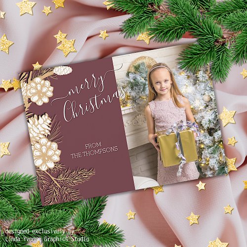 Faux Gold Pine Cones Needles On Mauve Pink Holiday Card