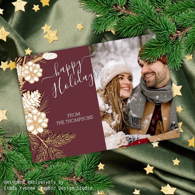 Faux Gold Pine Cones Needles On Mauve Pink Holiday Card (Creator Uploaded)