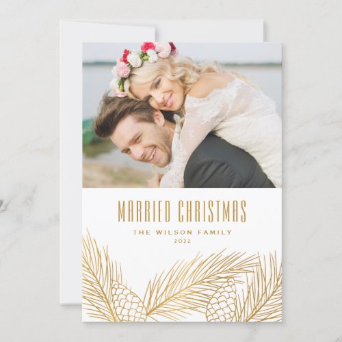 Faux Gold Pine Needles Married Christmas Wedding Holiday Card