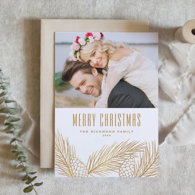 Faux Gold Pine Needles Merry and Married Photo Holiday Card (Creator Uploaded)