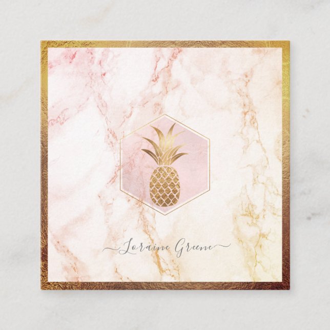 FAUX GOLD PINEAPPLE+BLUSH PINK MARBLE SQUARE BUSINESS CARD (Front)