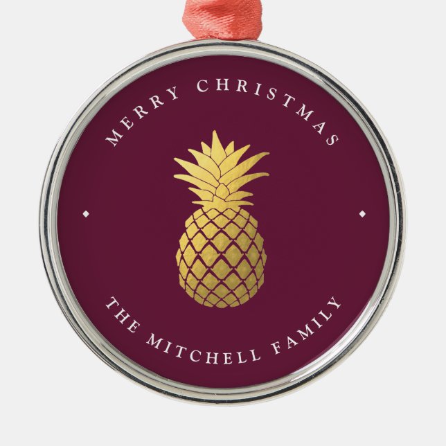 Faux Gold Pineapple on Burgundy | Christmas Metal Ornament (Front)