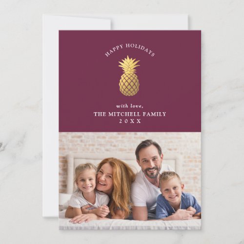 Faux Gold Pineapple on Burgundy  Christmas Photo Holiday Card