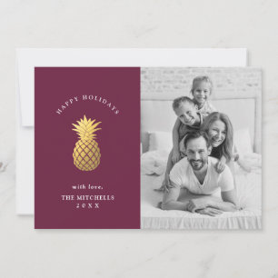 Faux Gold Pineapple on Burgundy   Christmas Photo Holiday Card