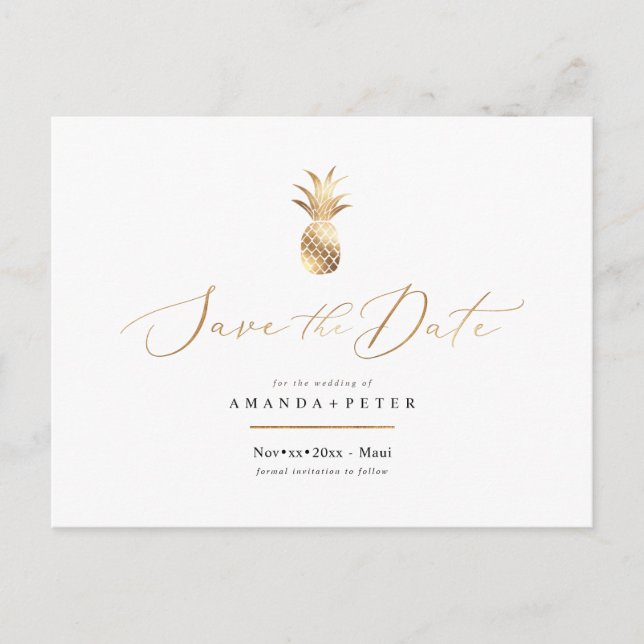Faux Gold Pineapple Save the Date Postcard (Front)