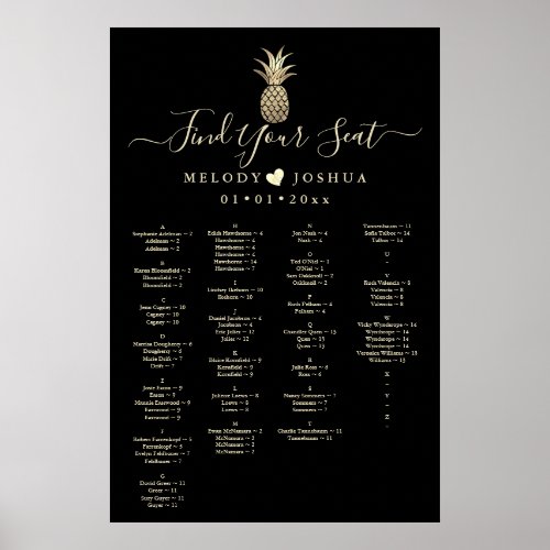 FAUX GOLD PINEAPPLE SEATING CHART ALPHABETICAL POSTER