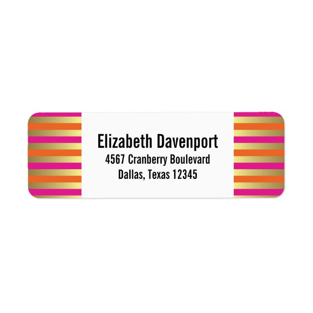 Faux Gold, Pink and Orange Striped Pattern Label (Front)