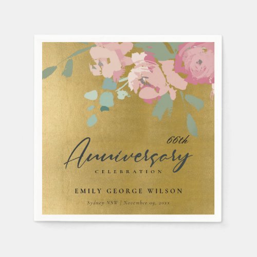 FAUX GOLD PINK BLUE FLORAL ANY YEAR ANNIVERSARY NAPKINS