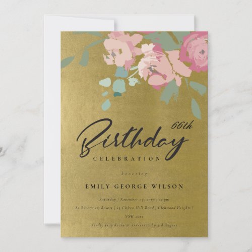 FAUX GOLD PINK BLUE PEONY FLORAL ANY AGE BIRTHDAY INVITATION