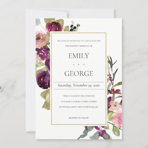 FAUX GOLD PINK BURGUNDY ROSE FLORAL WEDDING INVITE