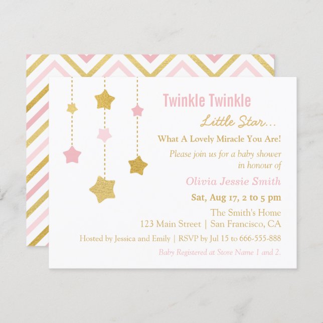 Faux Gold Pink Twinkle Little Star Baby Shower Invitation (Front/Back)