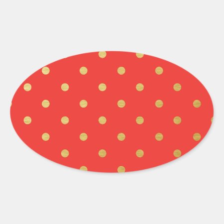 Faux Gold Polka Dots Red Metallic Oval Sticker