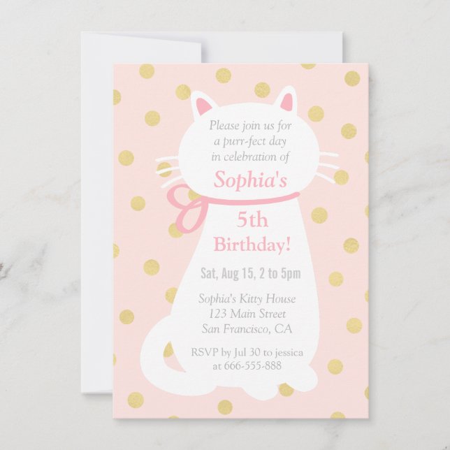 Faux Gold Polka Dots White Cat Birthday Party Invitation (Front)