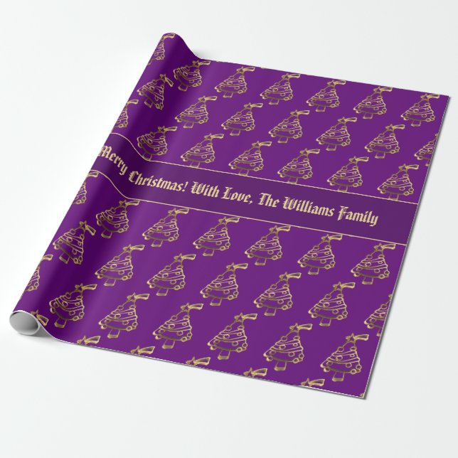 Faux Gold Purple Christmas Tree Pattern Add Text Wrapping Paper (Unrolled)