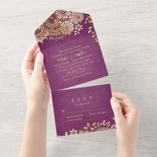 Faux gold purple elegant vintage lace wedding all in one invitation