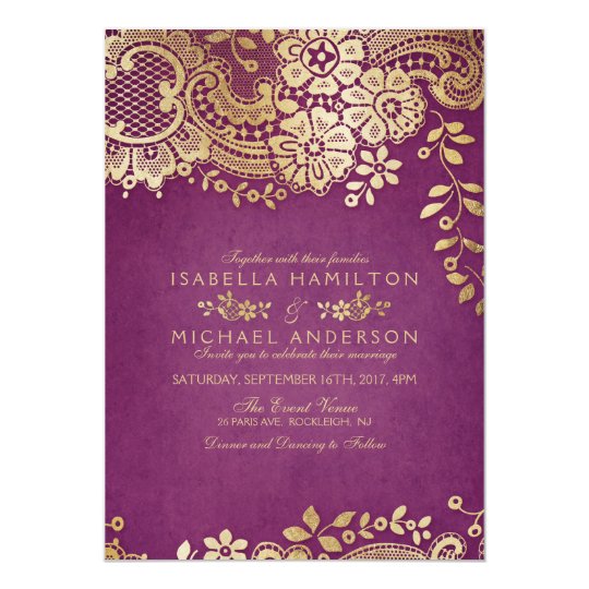 Faux gold purple elegant vintage lace wedding invitation ...