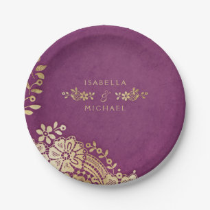 Faux gold purple elegant vintage lace wedding paper plates