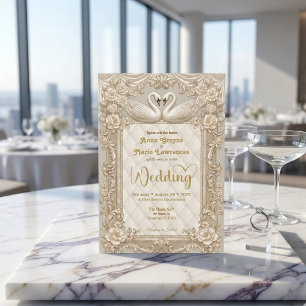 Faux Gold Quilted & Printed Pearl Rococo Swans Invitation
