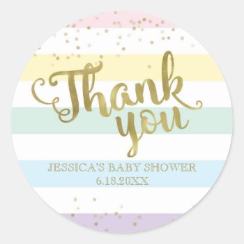 Faux Gold Rainbow Stripes Baby Shower Thank You Classic Round Sticker by weddingsnwhimsy at Zazzle