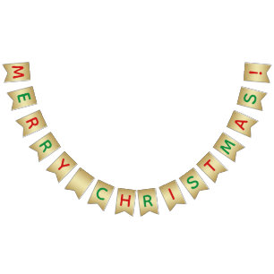 Faux Gold Red Green Merry Christmas Bunting Flags