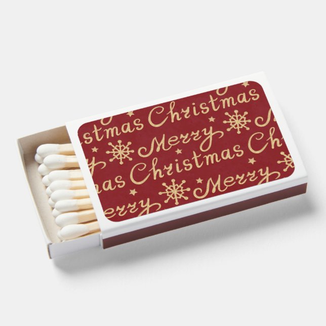 Faux Gold & Red Merry Christmas Lettering Pattern Matchboxes (Front Open)