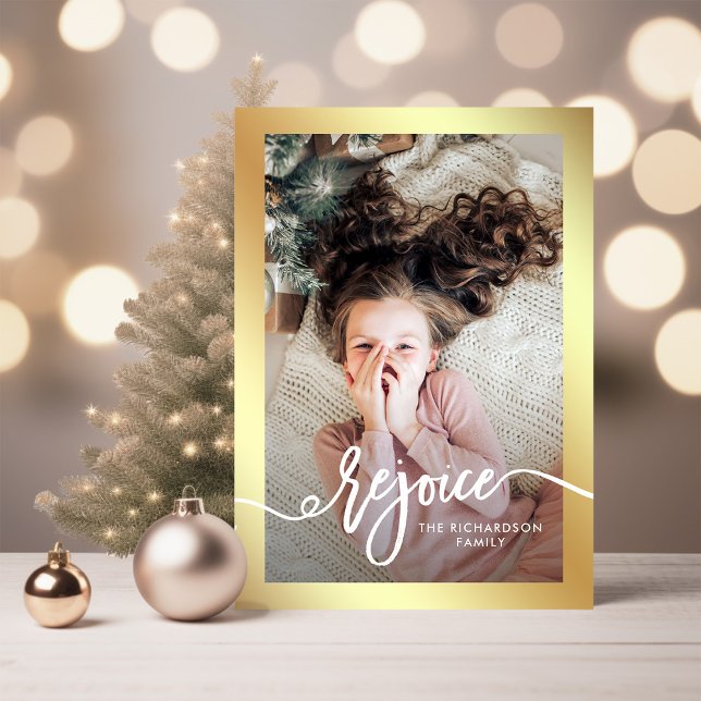 Faux Gold Rejoice | Christmas Script with Photo Holiday Card (An elegant, faux gold Christmas photo card)