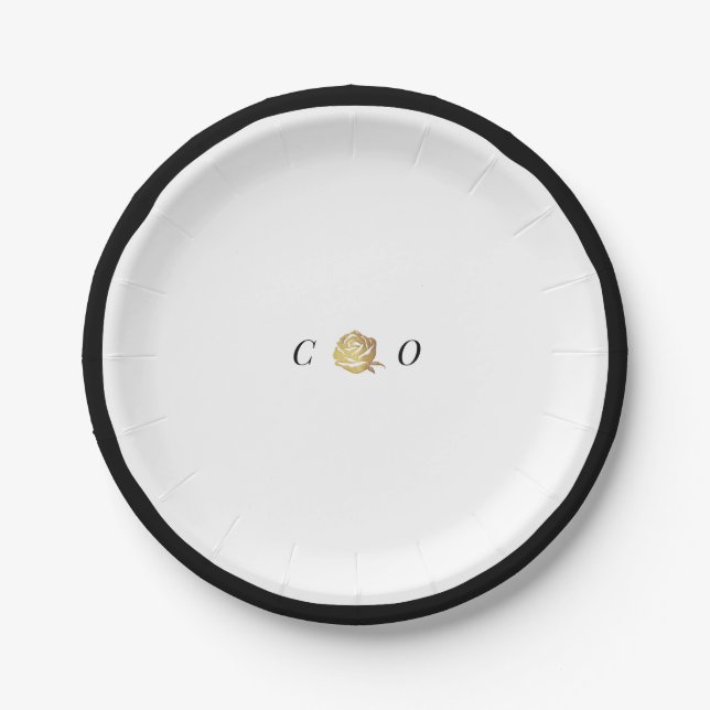 Faux gold rose black and white minimalist wedding paper plates (Front)