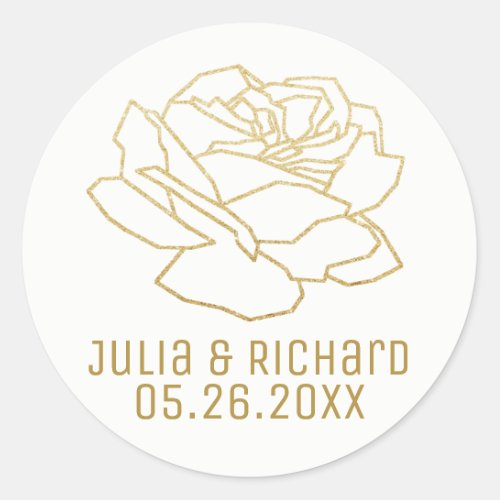 faux gold rose flower with names white classic round sticker
