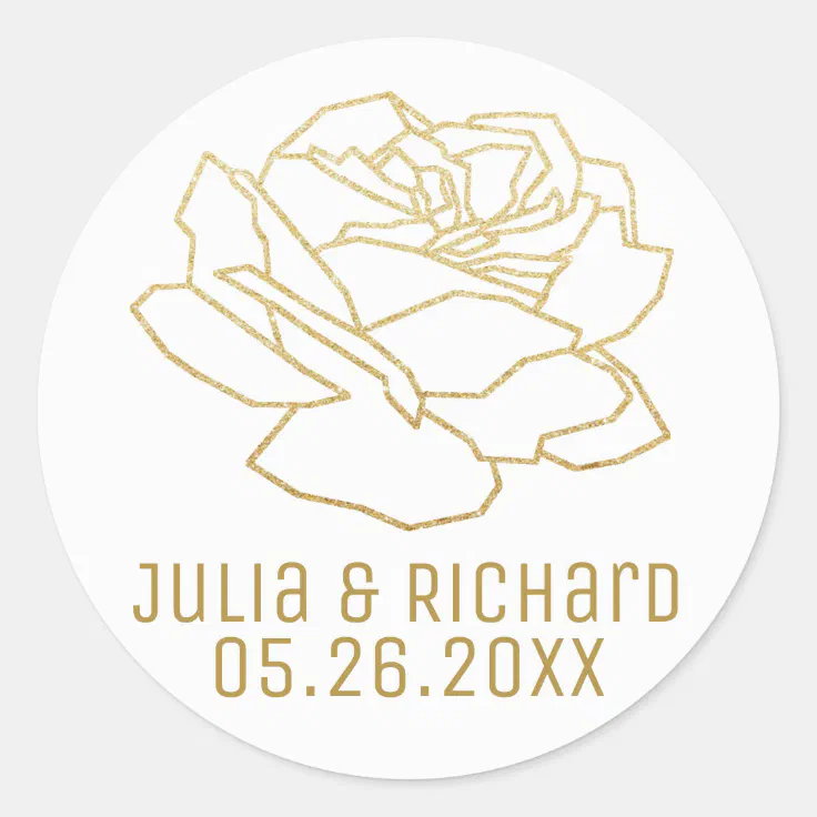 faux gold rose flower with names, white classic round sticker Zazzle