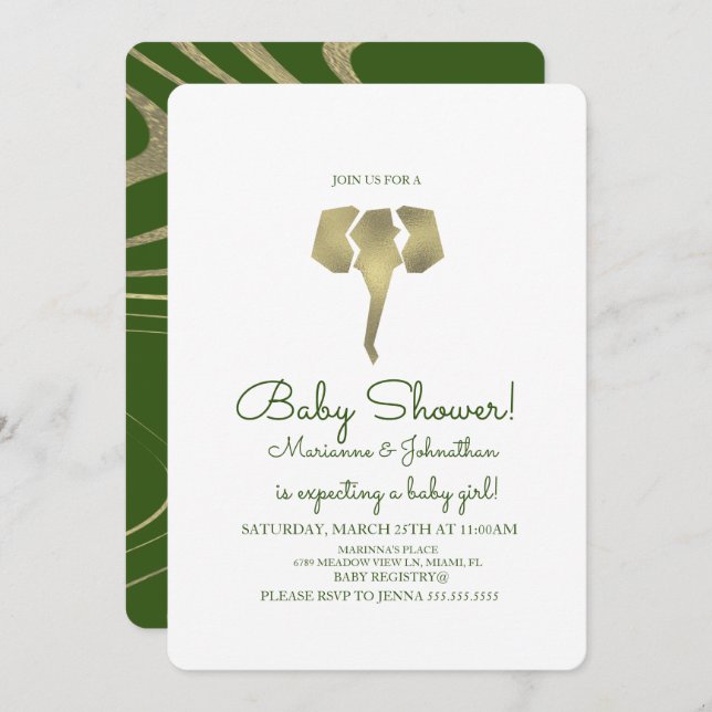 Faux Gold Safari Elephant Baby Shower Invitation (Front/Back)