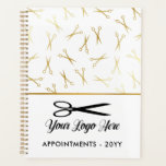 Faux Gold Scissors Logo Stylist Appointment Planner<br><div class="desc">Chic hair stylist appointment book with a pattern of faux gold scissors and a design in white,  black,  and faux gold. Add your logo. Hair stylist appointment notebook personalized with your logo.</div>