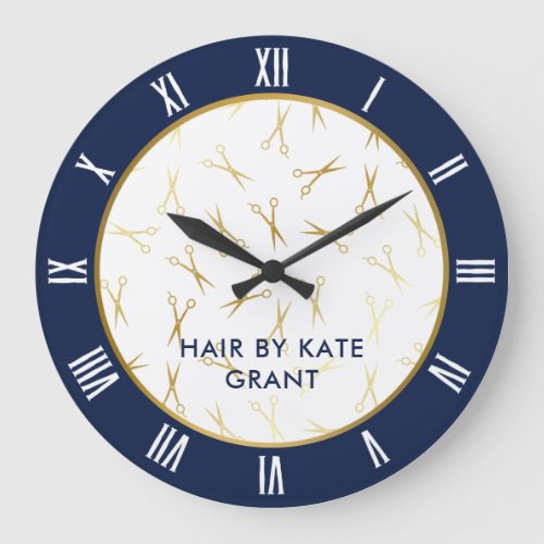 Faux Gold Scissors Navy Blue Hair Salon Large Clock