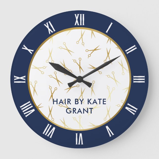 Faux Gold Scissors Navy Blue Hair Salon Large Clock (Front)