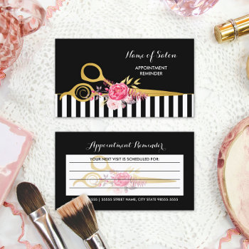 Faux Gold Scissors Pink Floral Hair Appointment by GirlyBusinessCards at Zazzle