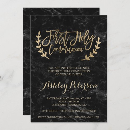 Faux gold script black marble First Holy Communion Invitation