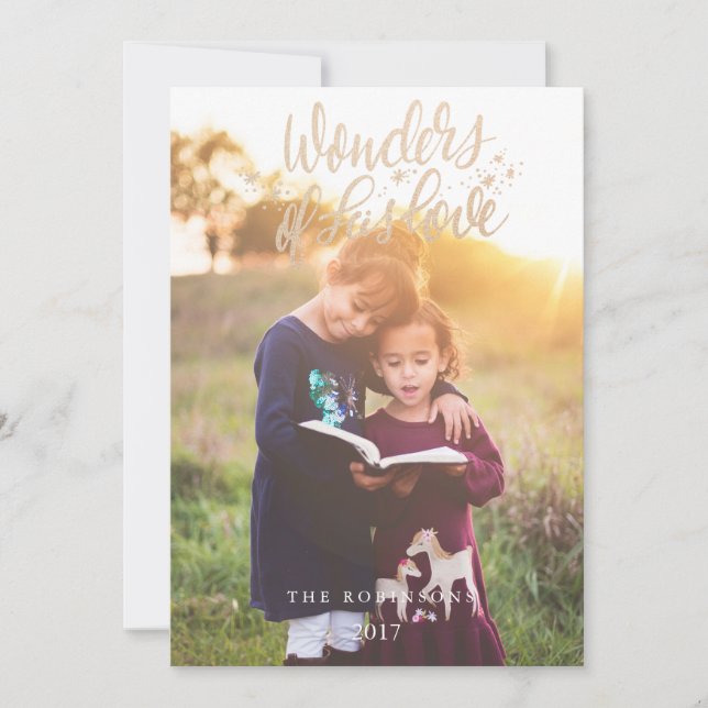 Faux Gold ScriptWonders of His Love Holiday Photo Card (Front)